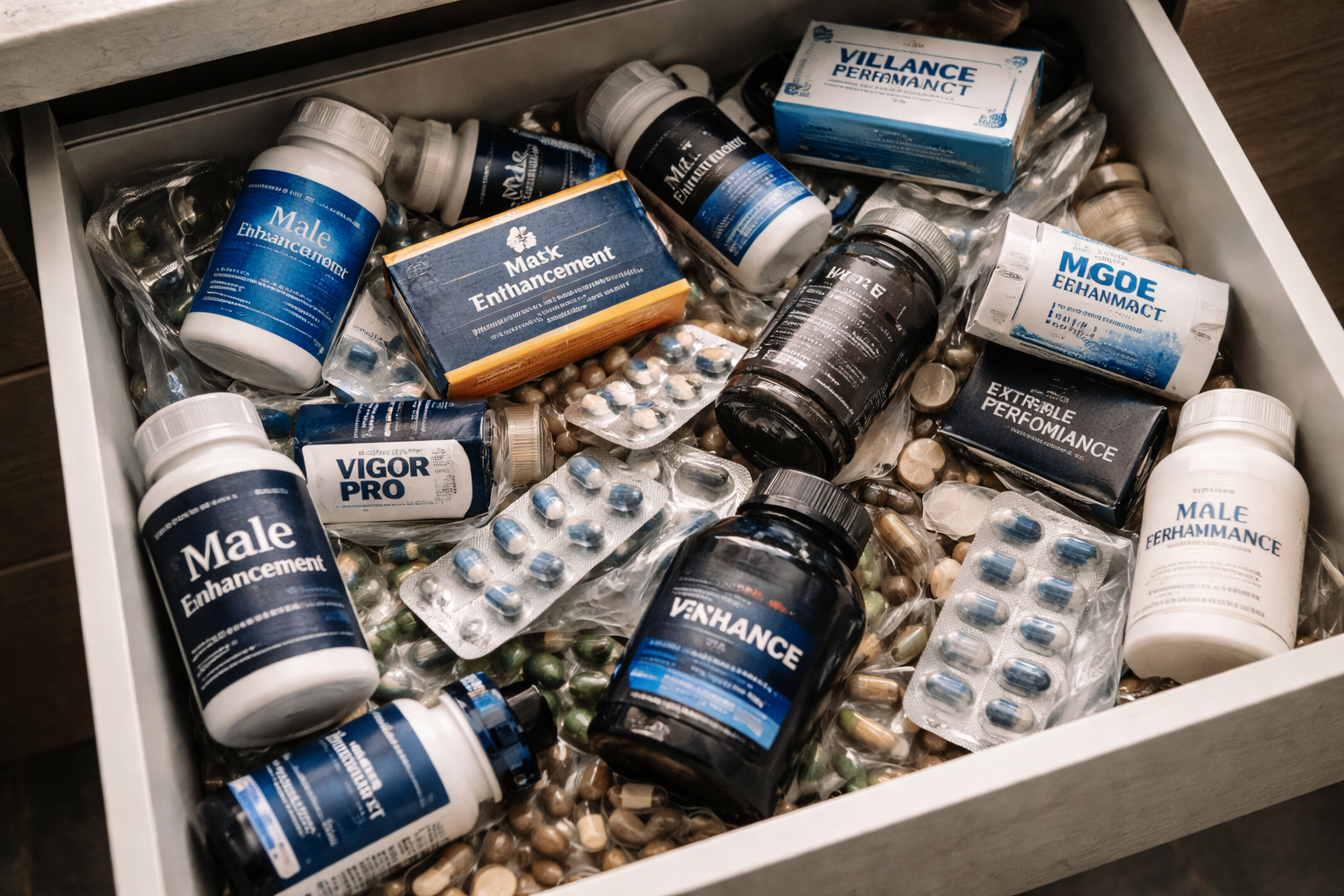 Shelf of unused male enhancement pills and supplements that never worked