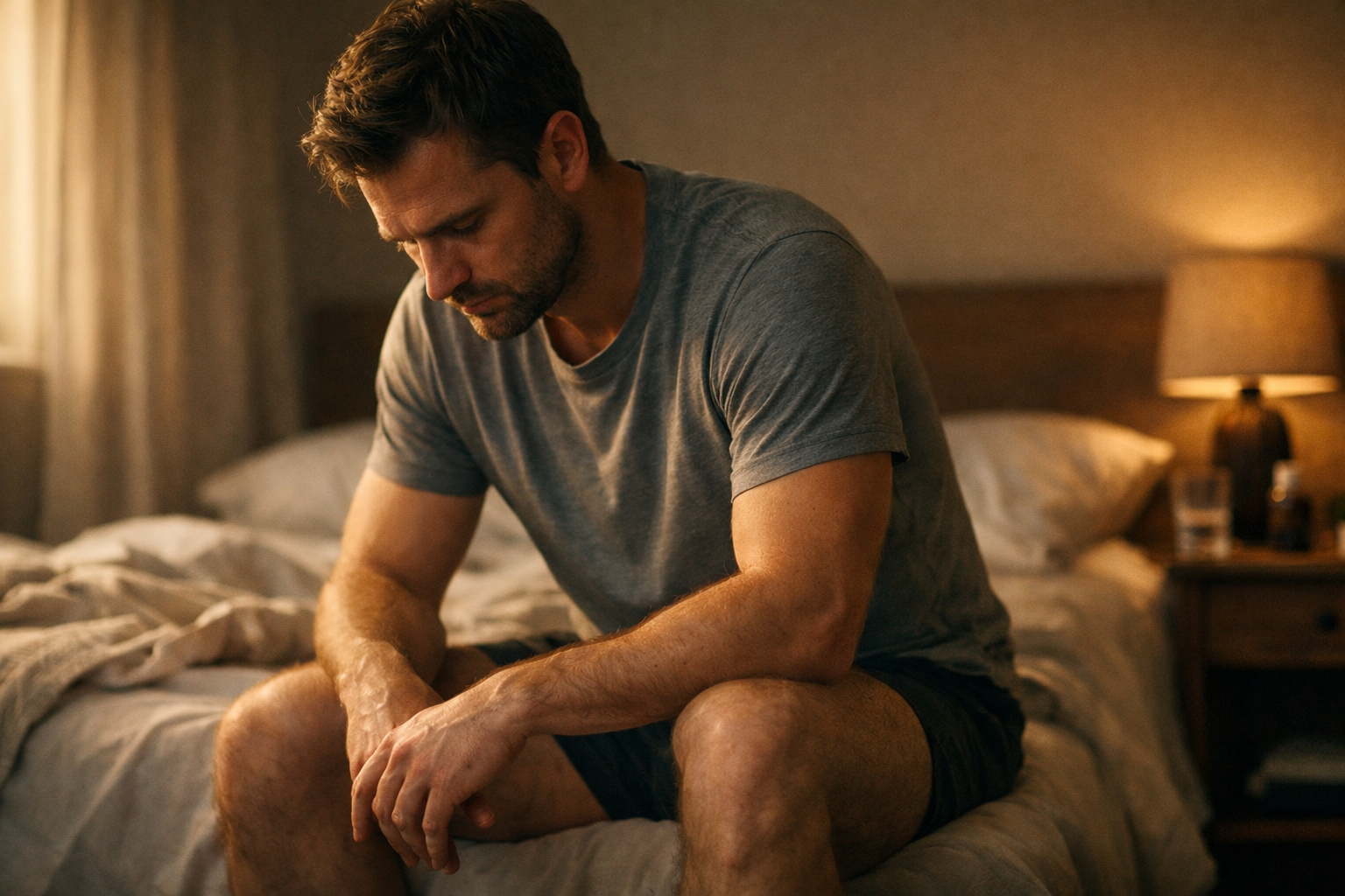 Man sitting on the edge of a bed feeling self-conscious about his size